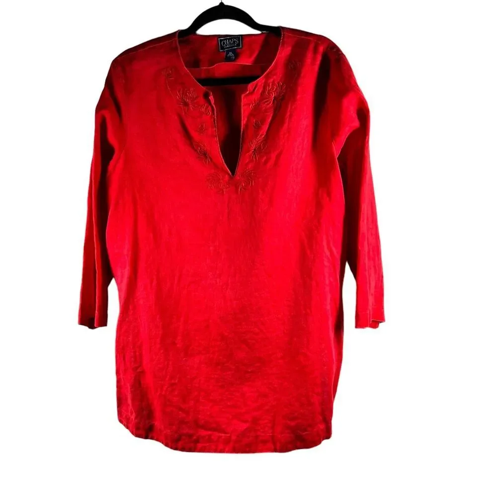 Chaps Classics Blouse Tunic Women's‎ Size XL Pullover Red V-Neck Linen